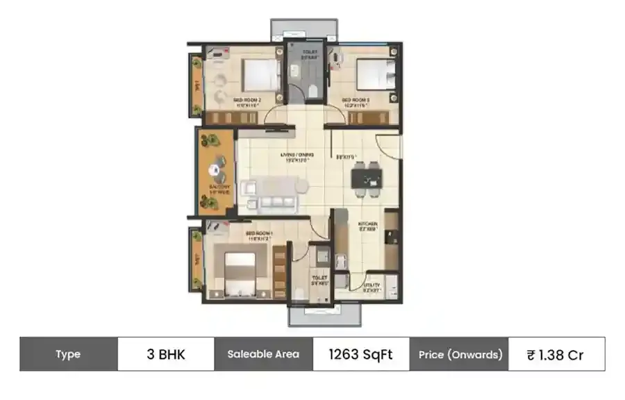 Kalyani Living Tree 3 BHK floor plan, 1263 sq ft saleable area