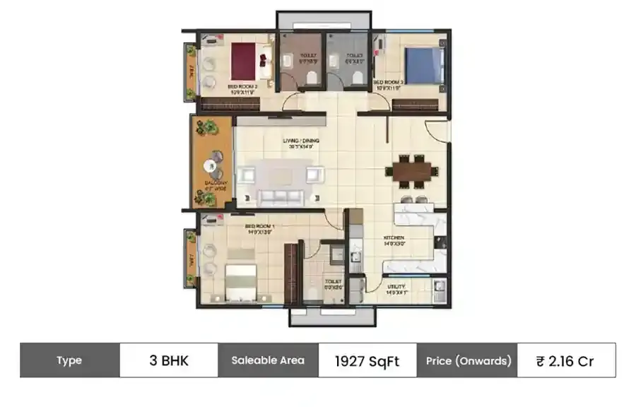Kalyani Living Tree 3 BHK Large floor plan, 1927 sq ft saleable area