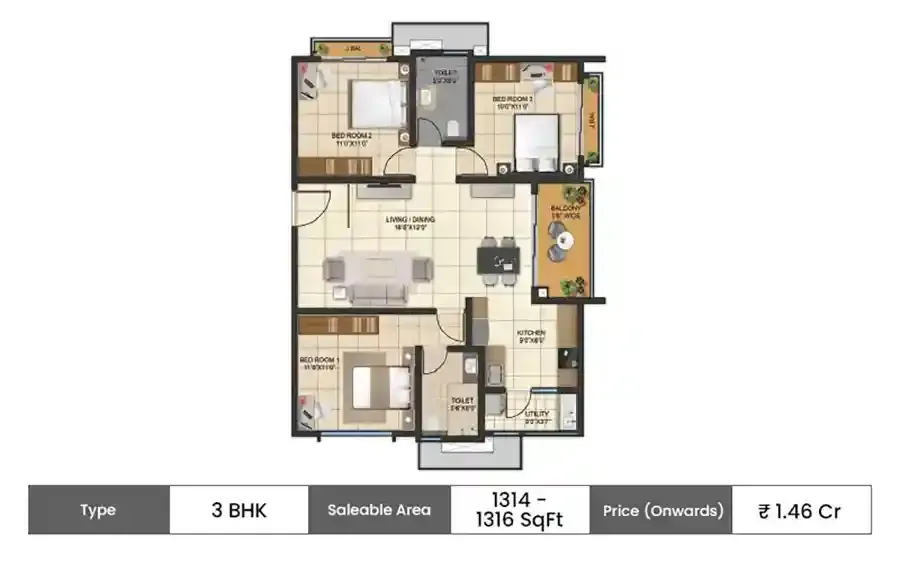 Kalyani Living Tree 3 BHK Compact floor plan, 1314 sq ft saleable area