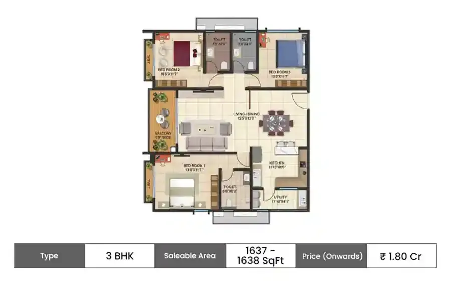 Kalyani Living Tree 3 BHK Medium floor plan, 1637 sq ft saleable area